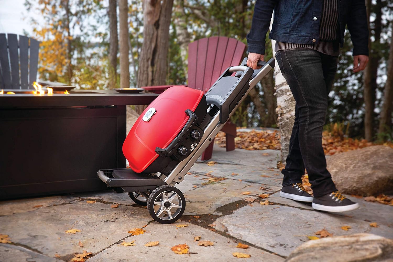Napoleon TravelQ 285 Portable Gas BBQ Grill, Propane, Red Lid - TQ285X-RD-1-A – Includes Folding Cart, Two Burners, Cast Iron Cooking Grids