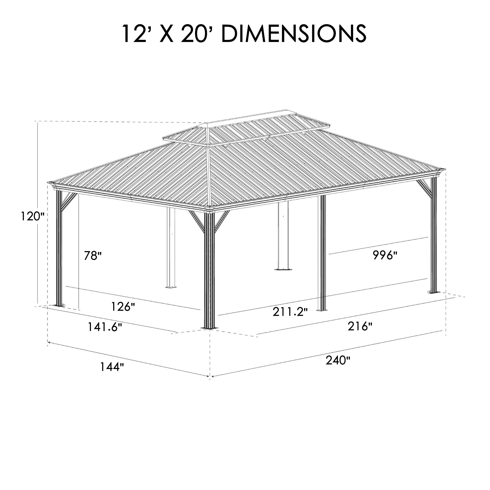 Kozyard Alexander Hardtop Aluminum Permanent Gazebo with a Mosquito Net and Privacy Sidewalls (Alexander 12'x20' (Gray))