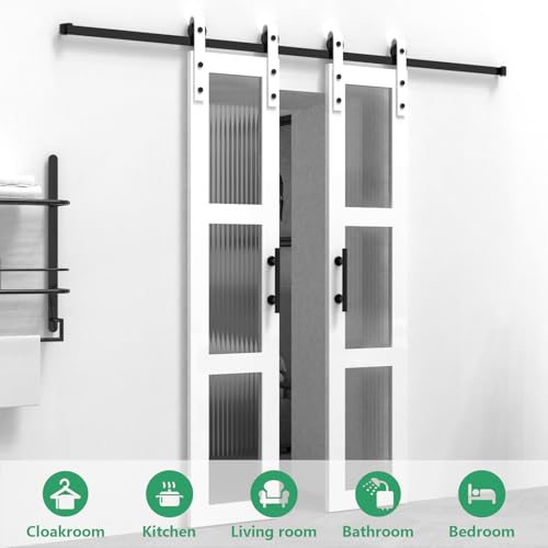 32 x 84 Inch Glass Sliding Barn Door Slab and 5.5ft Hardware Kit Included, 5 Frosted Glass