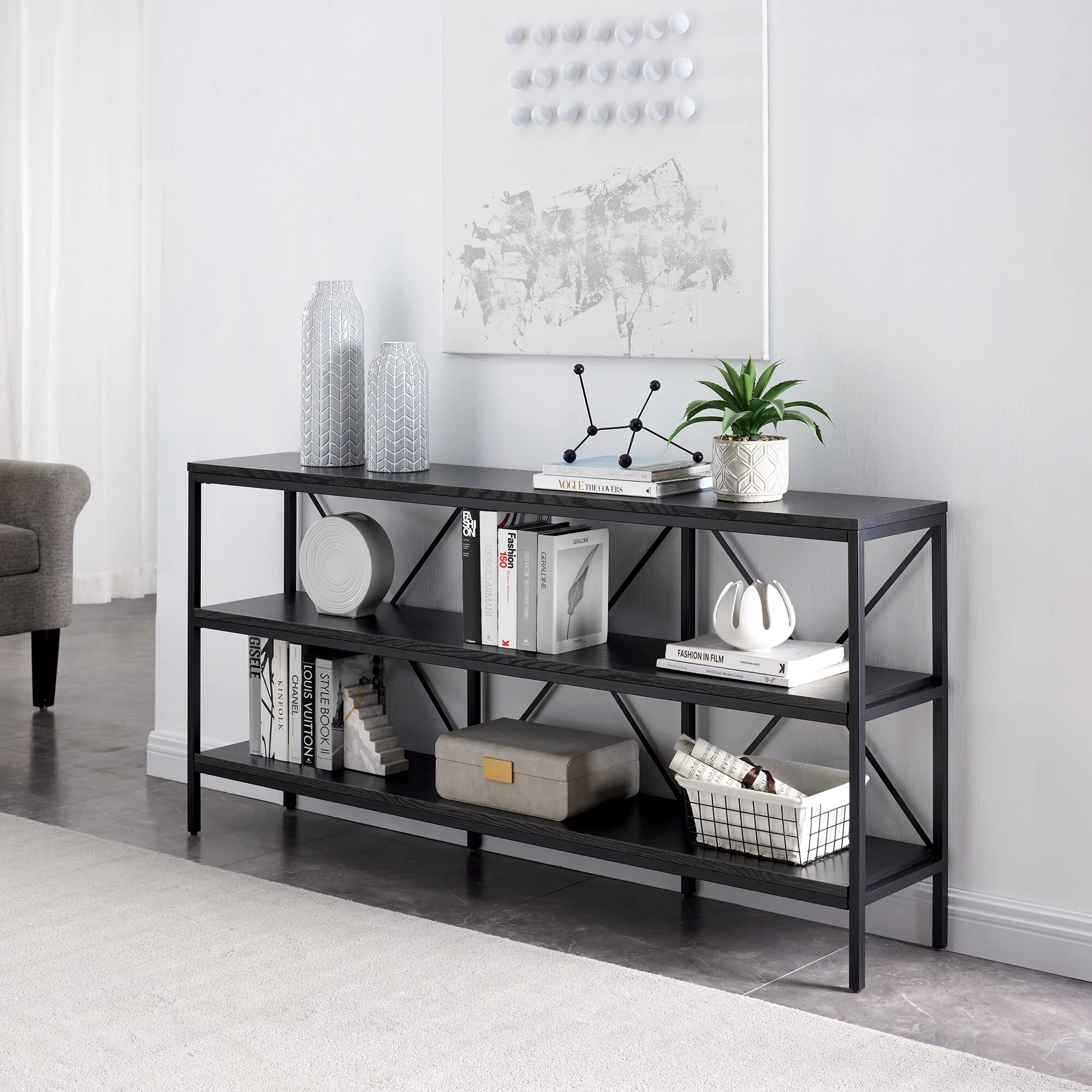 Evelyn&Zoe Kira 64" Wide Rectangular Console Table, Blackened Bronze/Black Grain
