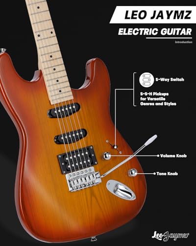 Leo Jaymz 39" Full Size ST Style Electric Guitar Starter Kit with SSH Pickup, 5W Portable Amp, Tuner, Gig Bag, Strap & Accessories (Violet Ocean)