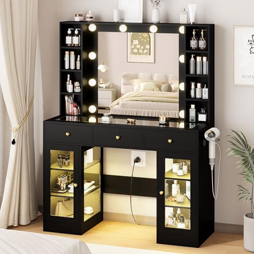 White Vanity Desk with Mirror and Lights, Glass Top Vanity with Lighted Mirror & RGB Glass Cabinet and 3 Drawers