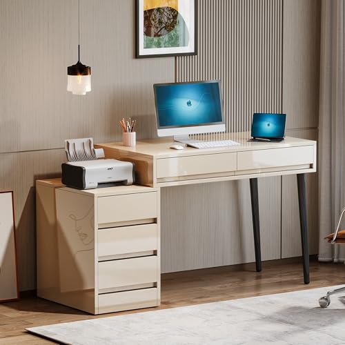 Tribesigns Gloss Desk with 5 Drawers, Modern Home Office Desk with Storage Drawers and Printer Stand