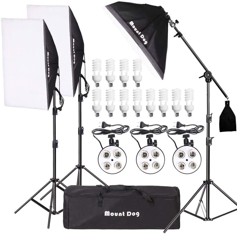 MOUNTDOG 2400W Softbox Photography Lighting Kit 20x 28 Professional Continuous Studio Lighting Equipment with Boom Arm Hairlight and Carry Case for
