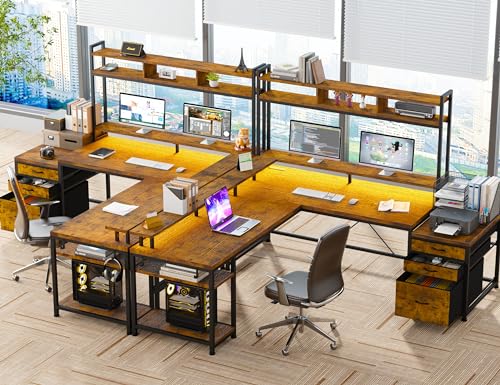 EnHomee Large L Shaped Gaming Desk with Hutch and Drawers, 64" W Reversible Computer Desk with Storage Shelves