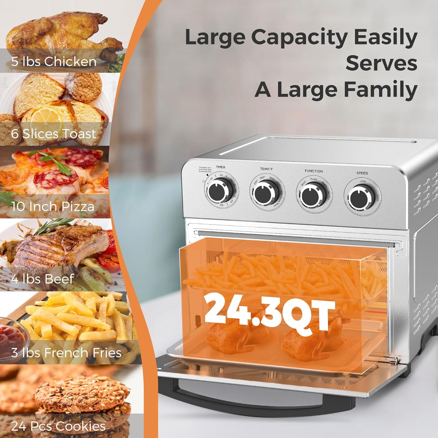 KitchenBoss Air Fryer Toaster Oven: 24.3QT/23L Airfryer with Warm, Broil, Toast, Bake, Air Fry 5-in-1 Functions