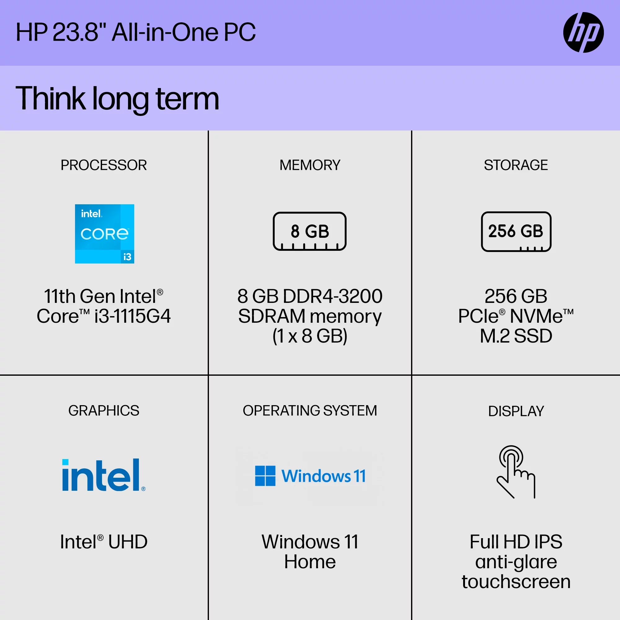 HP 23.8" Touch FHD All-in-One PC, Intel Core i3-1115G4, 8GB SDRAM, 256GB SSD, Snow White, Windows 11 Home, 24-df1053w