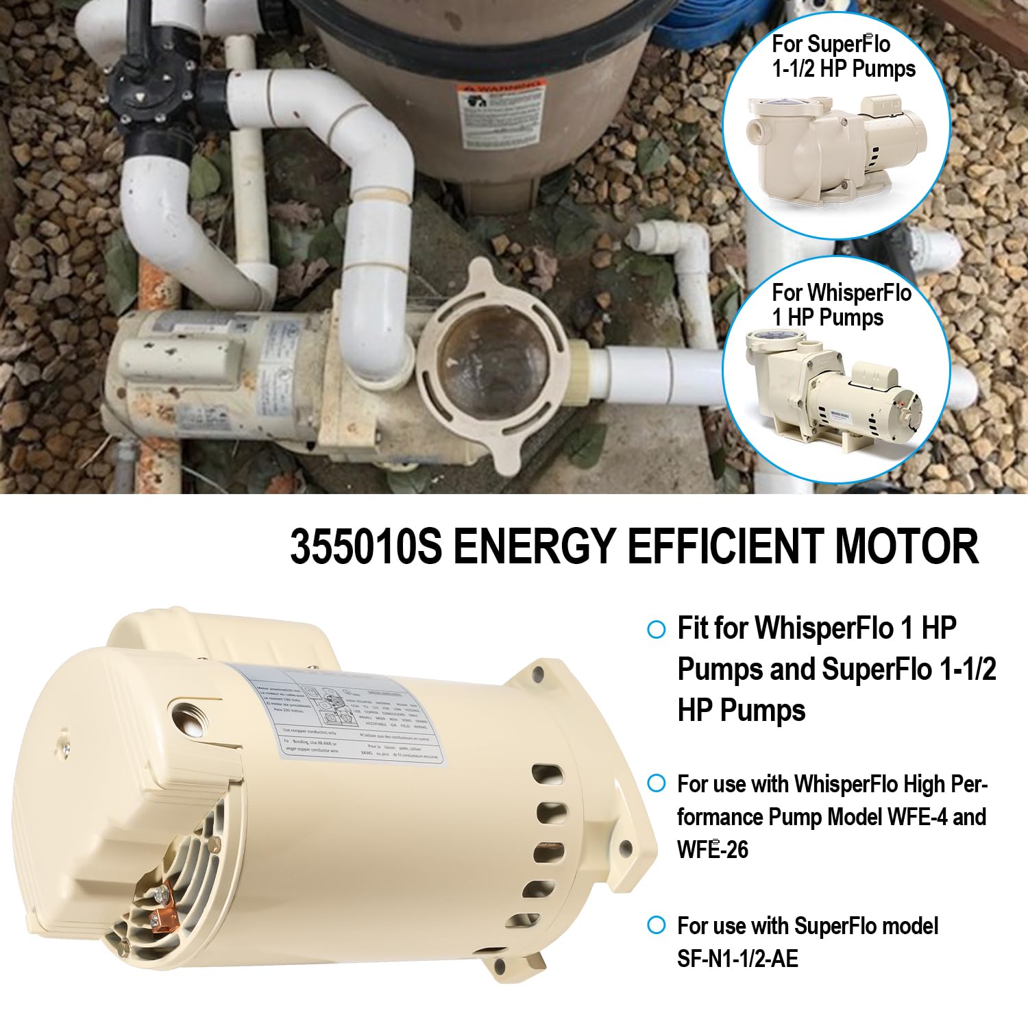 355010S Pool Pump Motor Energy Efficient Pool Pump Replacement Motor Parts for WhisperFlo High Performance Pool Pumps WFE-4 & WFE-26, 1 HP