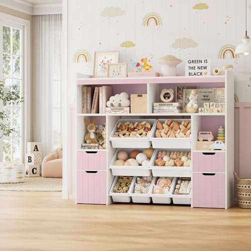 HORSTORS 55" W Toy Storage Organizer with Drawers, Large Kids Toy Storage Box with Removable Bins