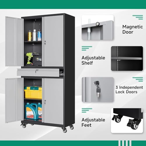 Letaya Metal Garage Storage Cabinet with Drawer,4 Door Tool Cabinet with Lock-2 Adjustable Shelves for Garage Home Office Utility Room (Black)