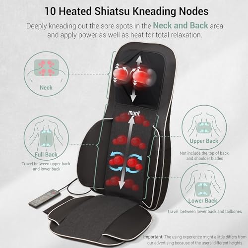 Mynt FSA HSA Eligible 3D Shiatsu Neck and Back Massager for Chair with 10 Deep Kneading Nodes, Back Massage with Heat