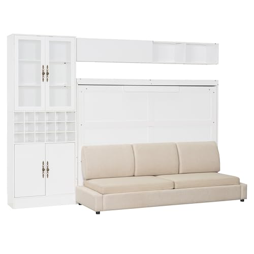 MERITLINE Queen Murphy Bed with Couch and Storage Shelves,Charging Station& LED Light