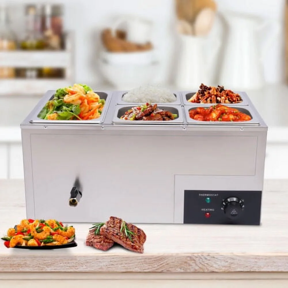 600W Electric Food Warmer Large Capacity Stainless Steel Food Warmer w/ 5 Pans