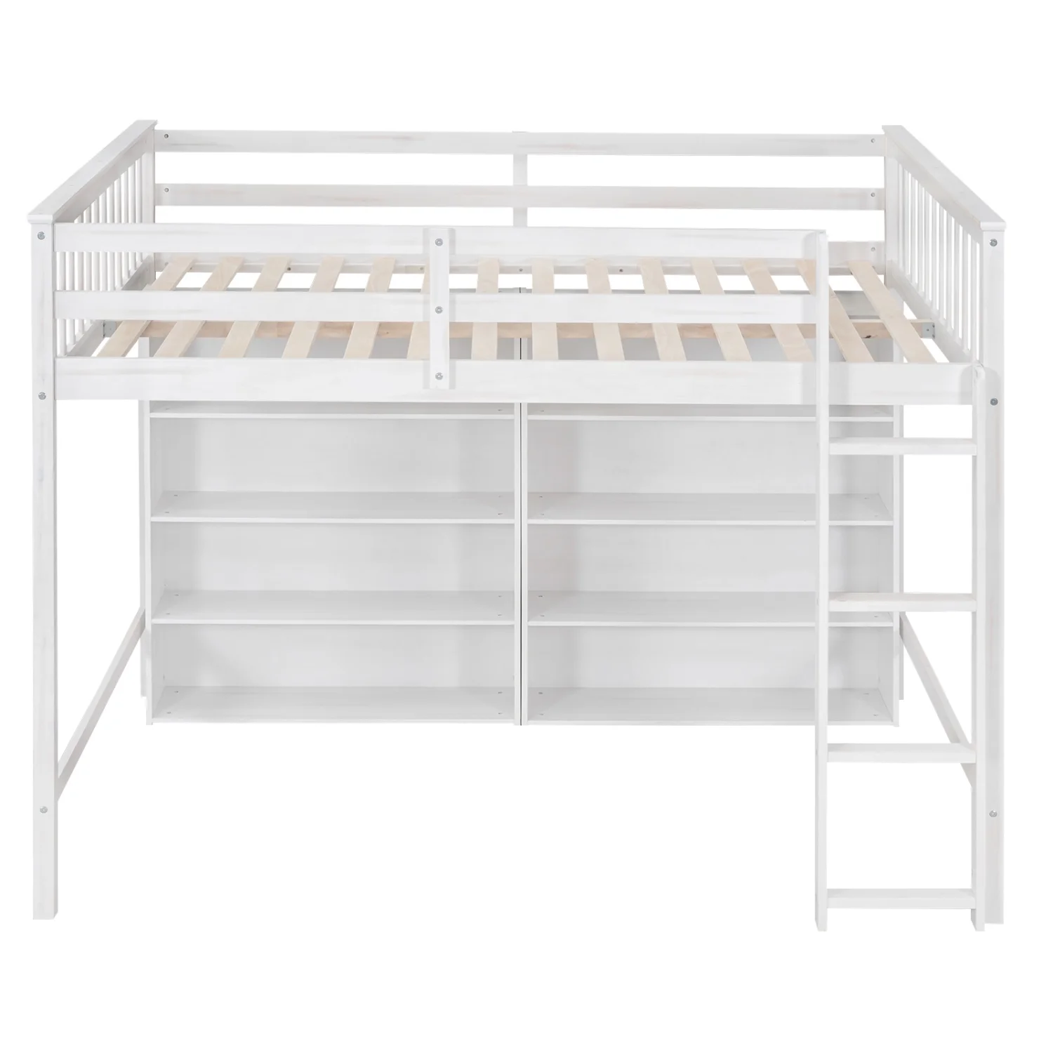 Churanty Wood Full Size Loft Bed with 8 Open Storage Shelves, Full Loft Bed Frame with Built-in Bookcase for Dorm Kids Teens, White