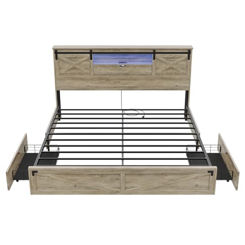 Hasuit Farmhouse Bed Frame California King Size with Storage Bookcase Headboard, Wooden Cal King Bed with LED Lights, Charging Station, 2 Drawers