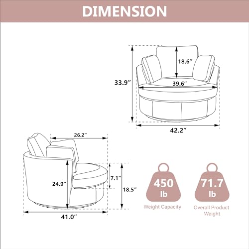 Chifee & Vingol 42.2" Oversized Swivel Accent Chair Round Barrel Chair,Chenille,Beige