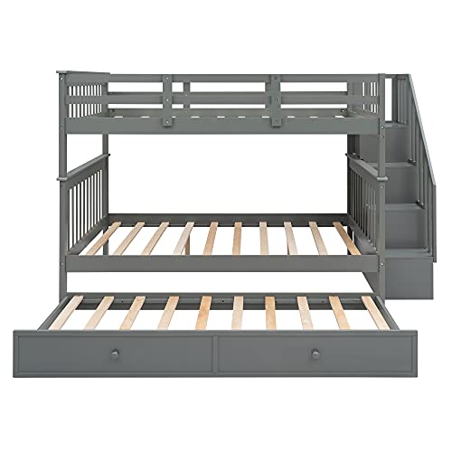 Harper & Bright Designs Twin Over Twin Bunk Bed with Stairs and Trundle, Solid Wood Stairway Bunk Bed Frame with Storage