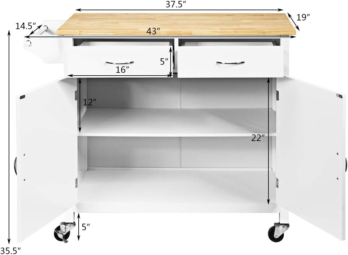 WATERJOY Rolling Kitchen Buffet Cart, Wood Utility Kitchen Storage Island Cart with Wood Top, Antique White(43 x 19.5 x 35.5)