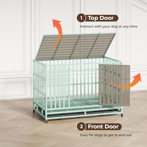 48 Inch Heavy Duty Dog Crate – Indestructible Steel Cage for Large Dogs, Double Door High Anxiety Cage with Removable Tray & Locking Wheels