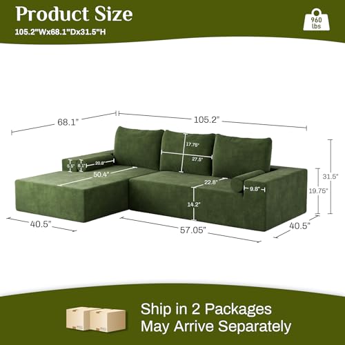 OUYESSIR L-Shape Modular Sectional Sofa Couch Set, 105" Modern Chenille Minimalist Couch, Upholstered Corner Cloud Sofa Sleeper for Living Room
