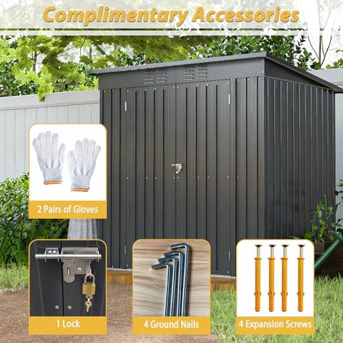 6x4 ft Small Outdoor Metal Storage Shed with Floor Frame & Lockable Door, Heightened Entry Garden Tool Shed for Backyard, Durable Galvanized Steel