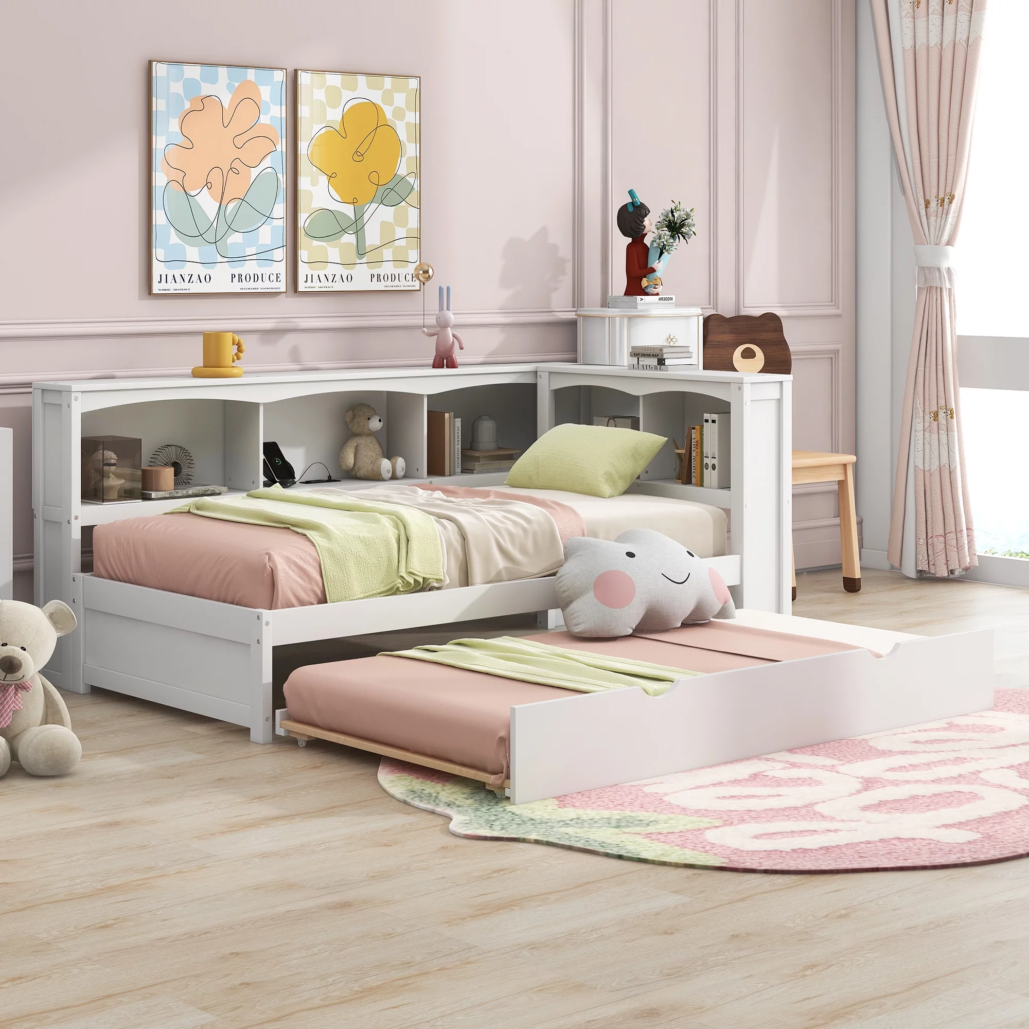 Bellemave Modern Twin over Twin Size Wood Daybed with Trundle, Stronge Storage Cabinets and USB Ports,Low Floor Bed for Kids Teens Adult Bedroom