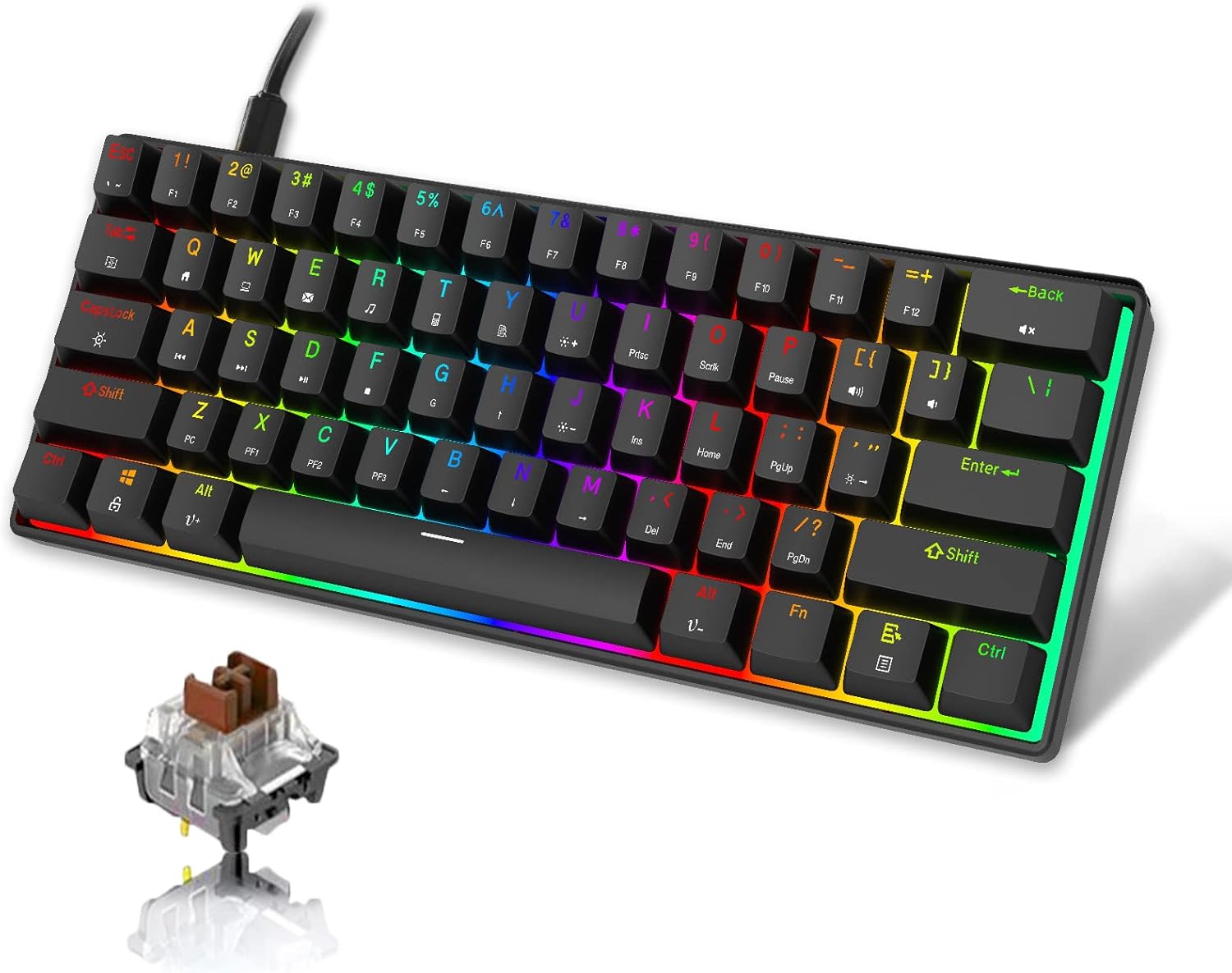 60% Wired Mechanical Gaming Keyboard with Type-c Interface Ultra-Compact Mini Keyboard 61 Keys RGB Backlit Keyboard, PBT Keycaps