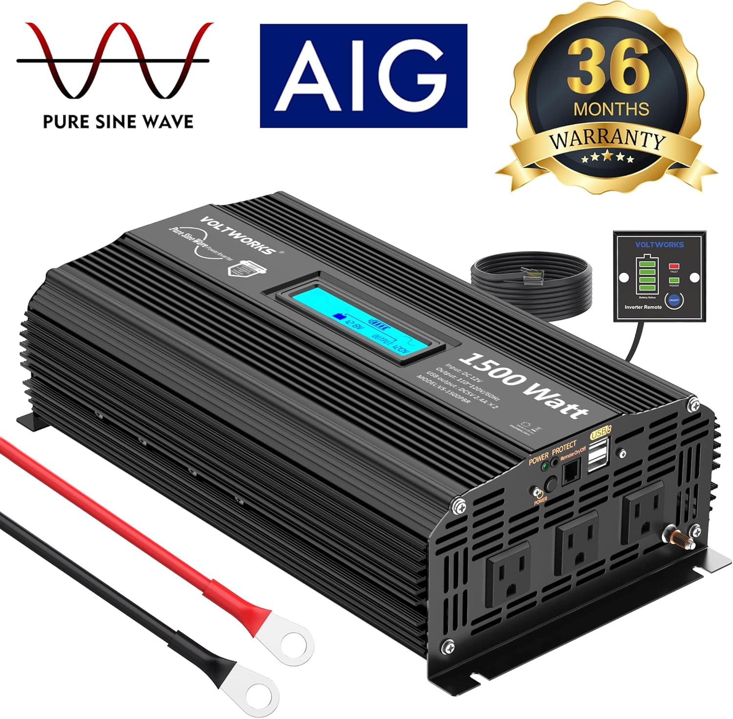 Pure Sine Wave 2500 Watt Car Power Inverter 2500w Converter DC 12V to 110V-120V AC with LCD Display 2 AC Outlets 2x2.4A USB Ports 1 AC Terminal Block