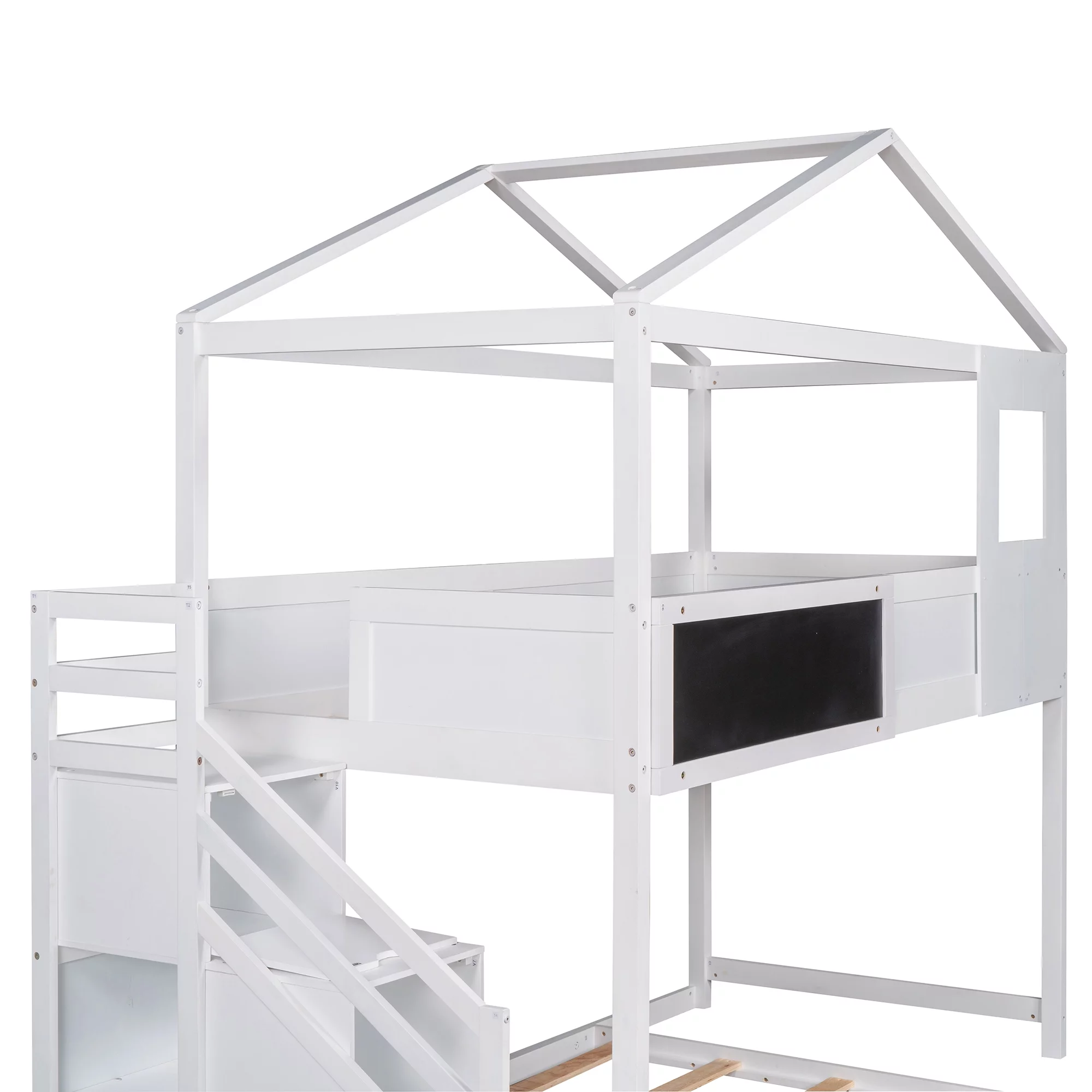SYNGAR House Bunk Beds for Kids, Solid Wood Twin over Full Bunk Bed with Storage Staircase and Blackboard