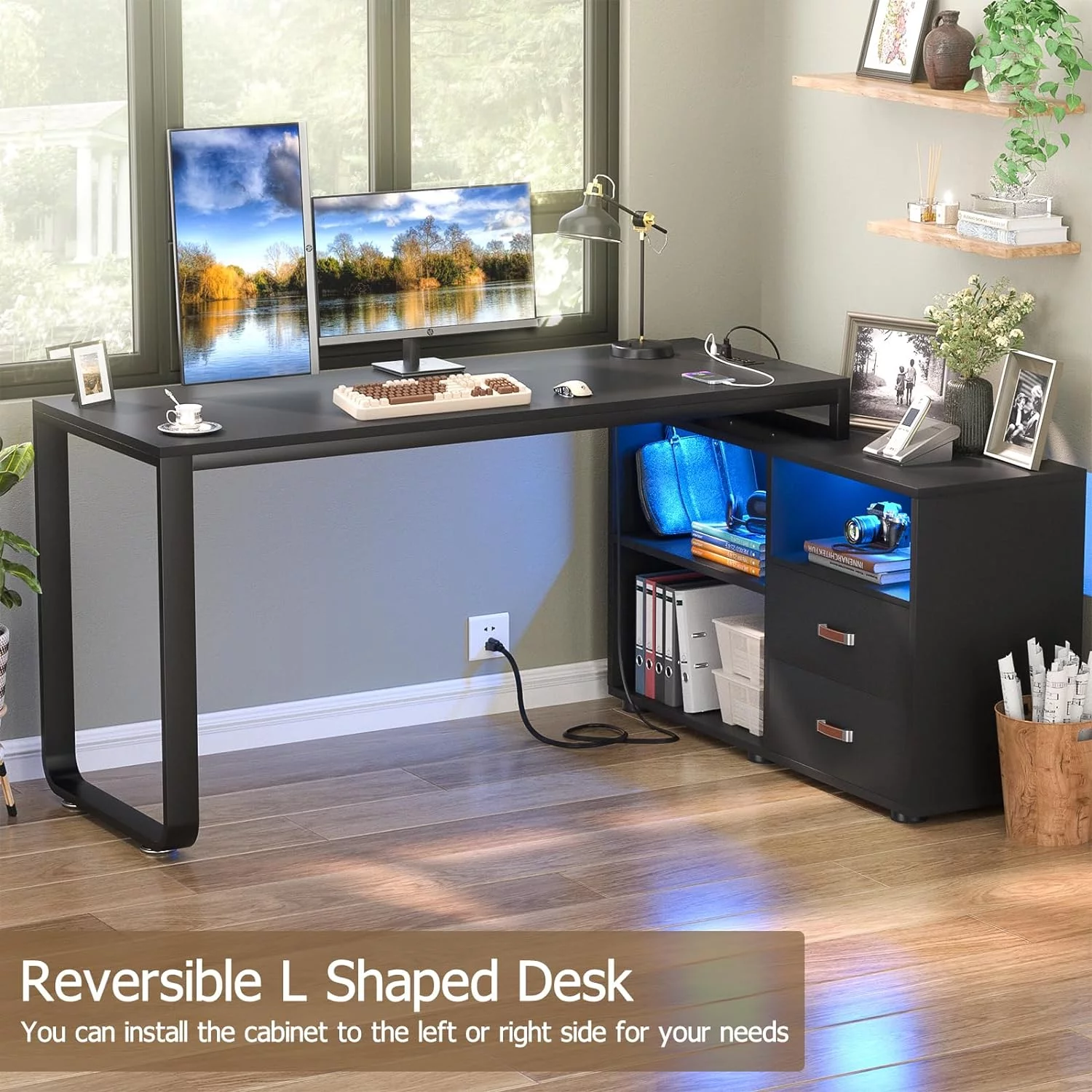 L Shaped Desk with File Cabinet & Power Outlet, Reversible 55 Inch Large Corner Computer Desks with LED Strip