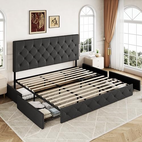 Allewie Upholstered Queen Size Platform Bed Frame with 4 Storage Drawers and Headboard, Square Stitched Button Tufted