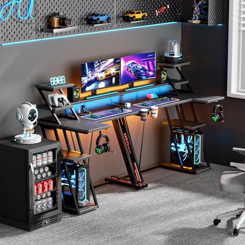 L Shaped Gaming Desk with LED Lights & Power Outlet, 47 Inch Computer Desk with Extra Storage Shelves