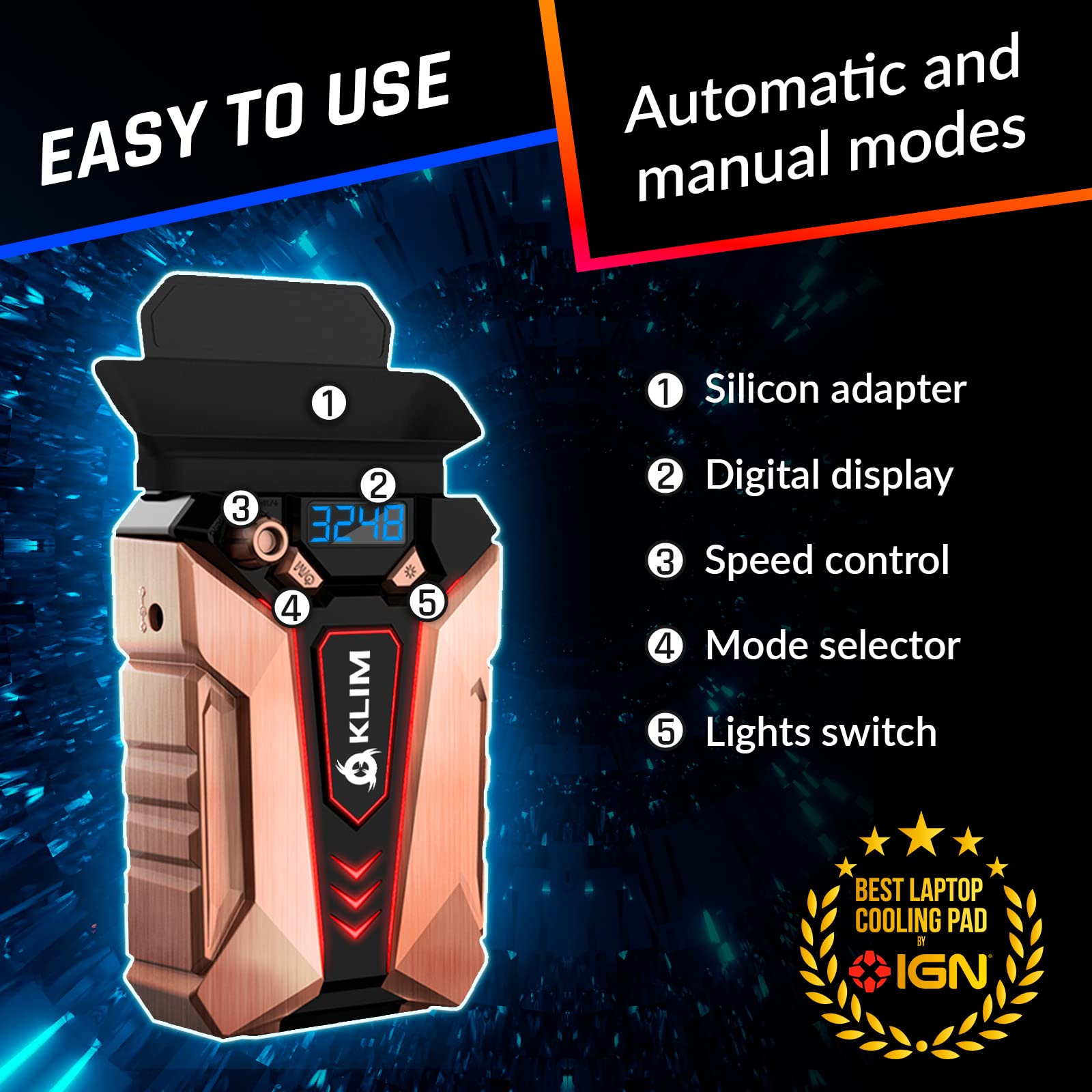 KLIM Cool Metal Laptop Cooler Fan - New Version 2024 - The Most Powerful Gaming External Air Vacuum - Computer USB for Immediate Cooling - Slim