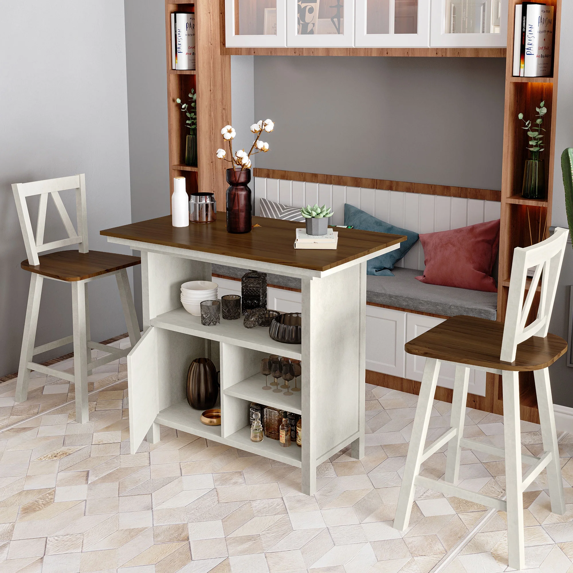 TOPMAX Farmhouse 3-Piece Counter Height Dining Table Set, Wooden Kitchen Table Set with Storage Cabinet and Shelves for Small Places