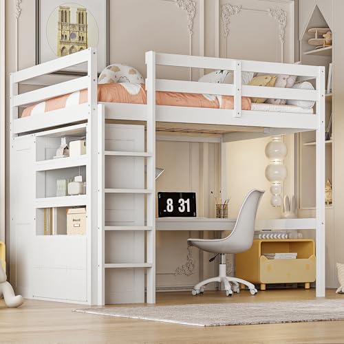 Harper & Bright Designs Full Size Loft Bed with Desk & Wardrobe, Wood Full Loft Bunk Bed with Storage Shelves and Drawers, No Box Spring Needed,White