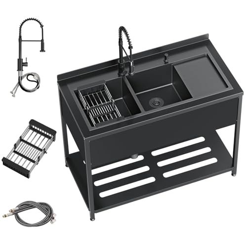 Stainless Steel Utility Sink, 30.8" × 22" × 39.5"Freestanding Sink with Cold and Hot Water Faucet,Hoses and Drain Kit for Kitchens, Bathrooms, Garage