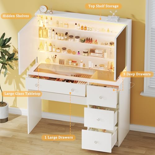 Vanity Desk with Mirror and Lights, 50" Makeup Vanity with Glass Top & Power Outlet, White Vanity with 11 Drawers & 8 Hidden Storage Shelves