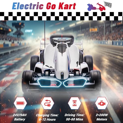 Electric Go Kart with Adjustable Seat, 24V Licensed BMW Drift Kart with Dual 200W Motors, Crazy Go Cart for Kids Ages 6-12, LED Lights