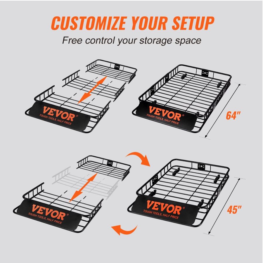 VEVOR Roof Rack Cargo Basket, 64" x 39" x 6" Rooftop Cargo Carrier with Extension, Heavy-duty 200 LBS Capacity Universal Roof Rack Basket