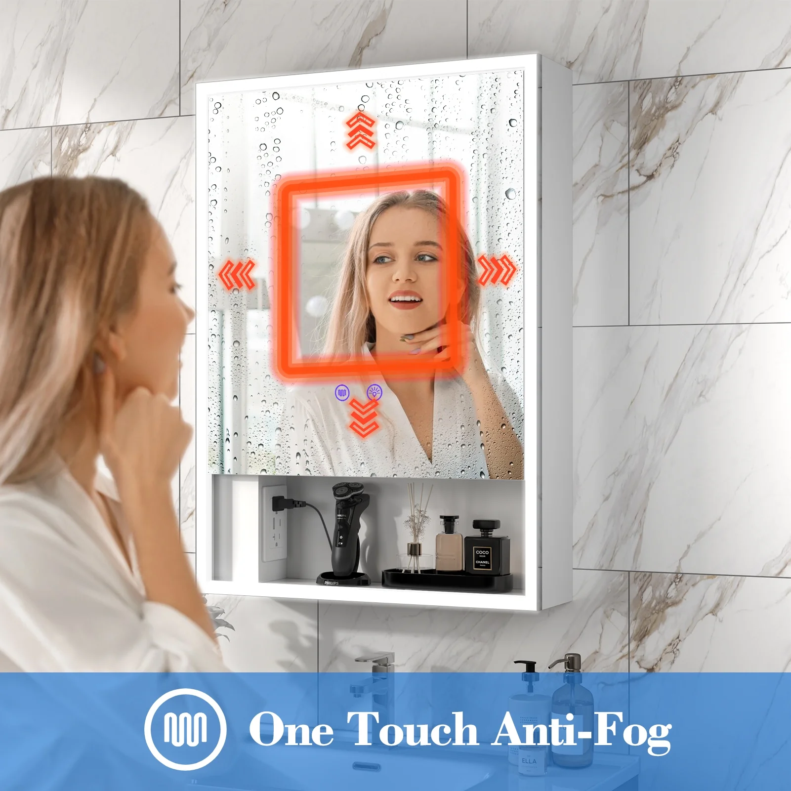 LALAHOO Bathroom Medicine Cabinet with 3-Color Mode Led Lights 28 x 20 Inch Recessed Medicine Cabinet or Surface Mount Medicine Cabinet with Socket