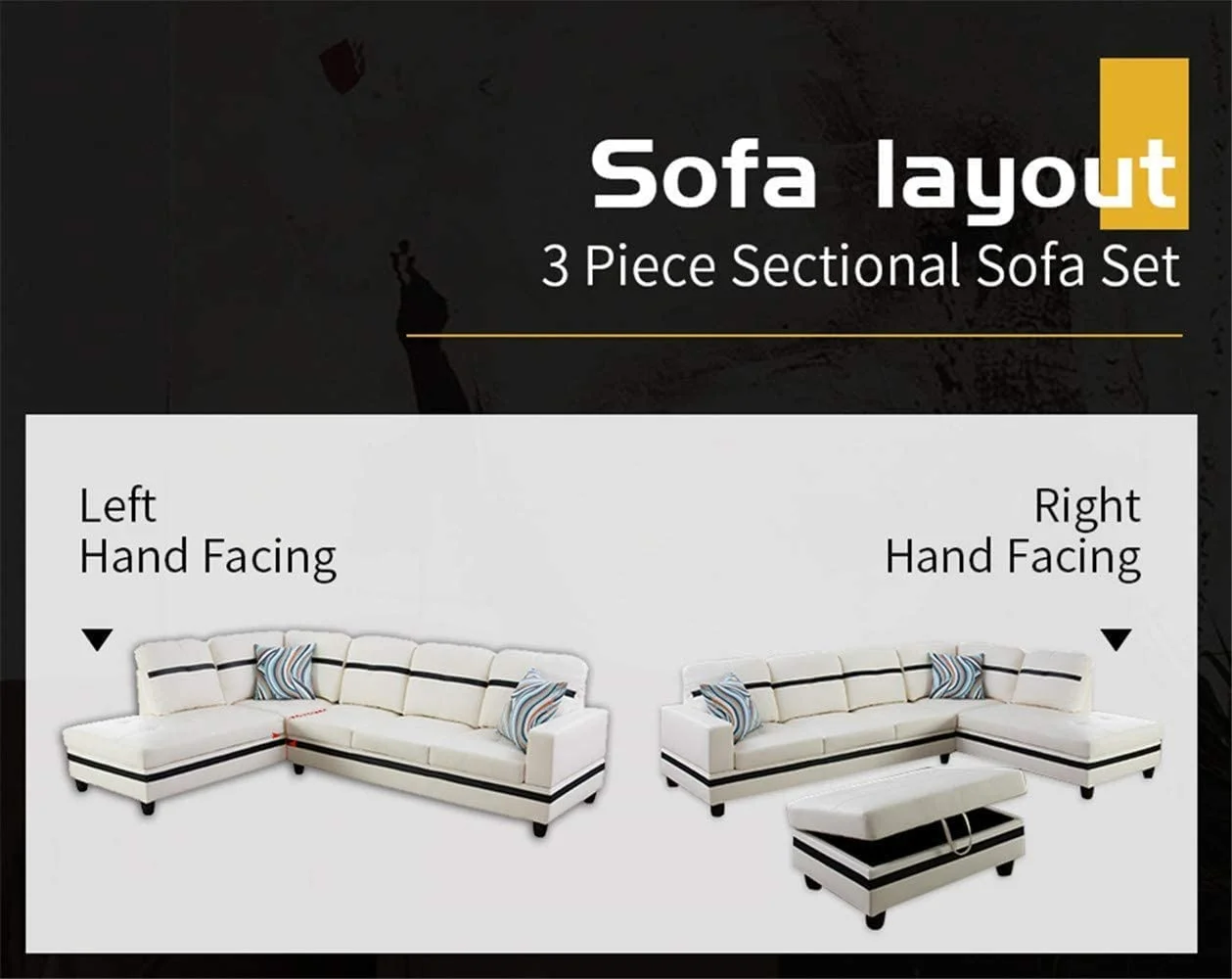 Ainehome Furniture White Faux Leather Sectional Sofa Set, L-Shaped Couches for Living Room