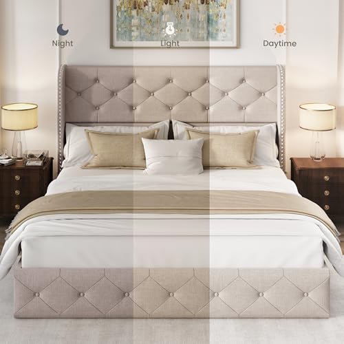 King Size Bed Frame with 4 Storage Drawers and Tufted Headboard Linen Upholstered Platform Bed Frame Wingback Beds with Wooden Slats Support