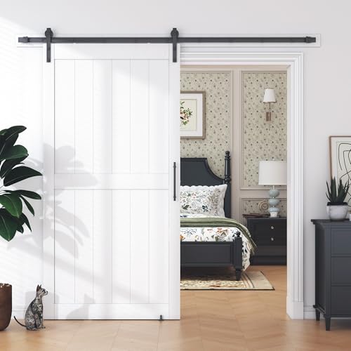 36 in x 84 in White Sliding Barn Door with 6FT Hardware Kit, Floor Guide and Handle Included, Waterproof PVC Surface, Pre-Drilled Holes Easy Assembly