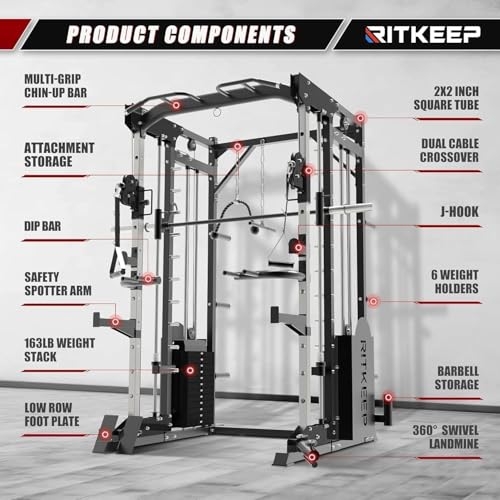 Smith Machine,RitKeep PMAX 5600 Pro,All-in-One Home Gym Equipment Featuring 2200lb Load Capacity and 320lb Weight Stack,Includes T-Bar Row