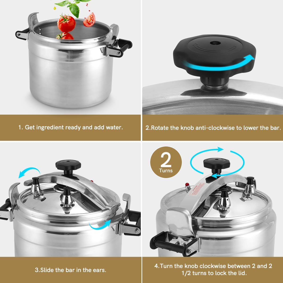 BreeRainz 26 Quart Clamp On Pressure Cooker, Aluminum Pressure Cooker w/Ultra Safe Clamp Bar Locking System