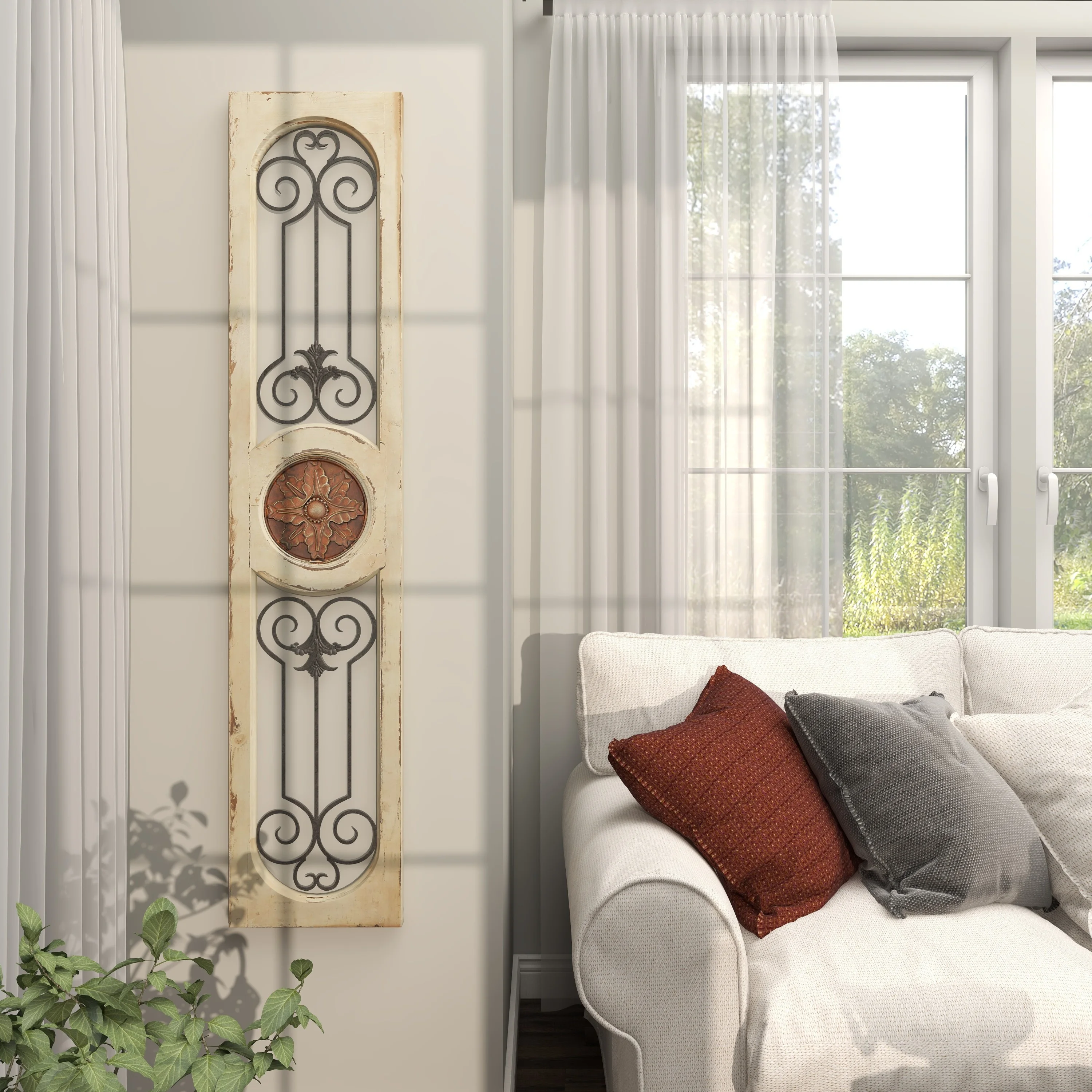 DecMode White Wood Distressed Door Inspired Ornamental Scroll Wall Decor with Metal Wire Details
