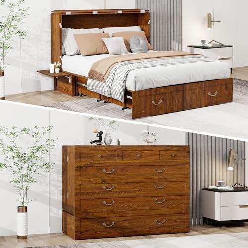 Murphy Bed Queen, Murphy Bed Cabinet with Charging Station, Large Storage Drawer and Shelves for Home Office or Guest Room, Warm White