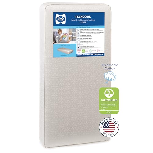 Sealy Flex Cool Breathable Hypoallergenic 2-Stage Dual Firm Waterproof Baby Crib Mattress & Toddler Bed Mattress, Cotton Cover, 204 Premium Coils