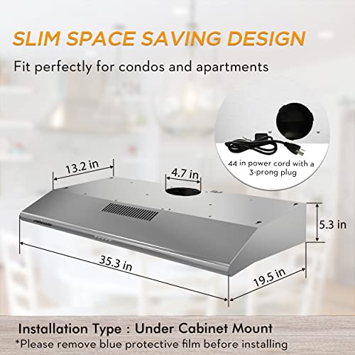 FIREGAS Under Cabinet Range Hood with Ducted/Ductless Convertible, Slim Kitchen Over Stove Vent, LED Light, 3 Speed Exhaust Fan