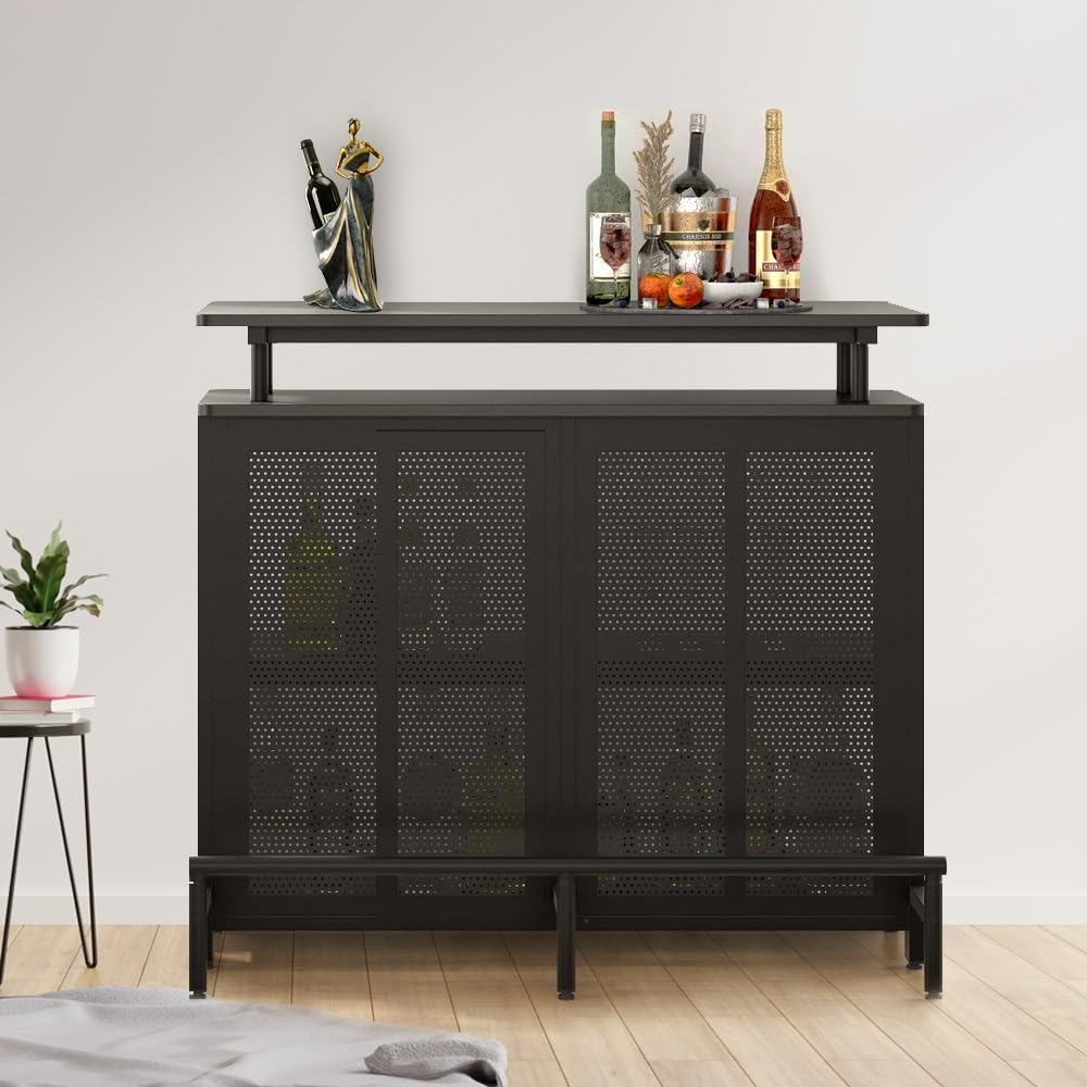 Industrial Liquor Bar Table, Portable Bar, Home Bar Unit Cabinet, Industrial 3-Tier Liquor Bar Table with Stemware Rack